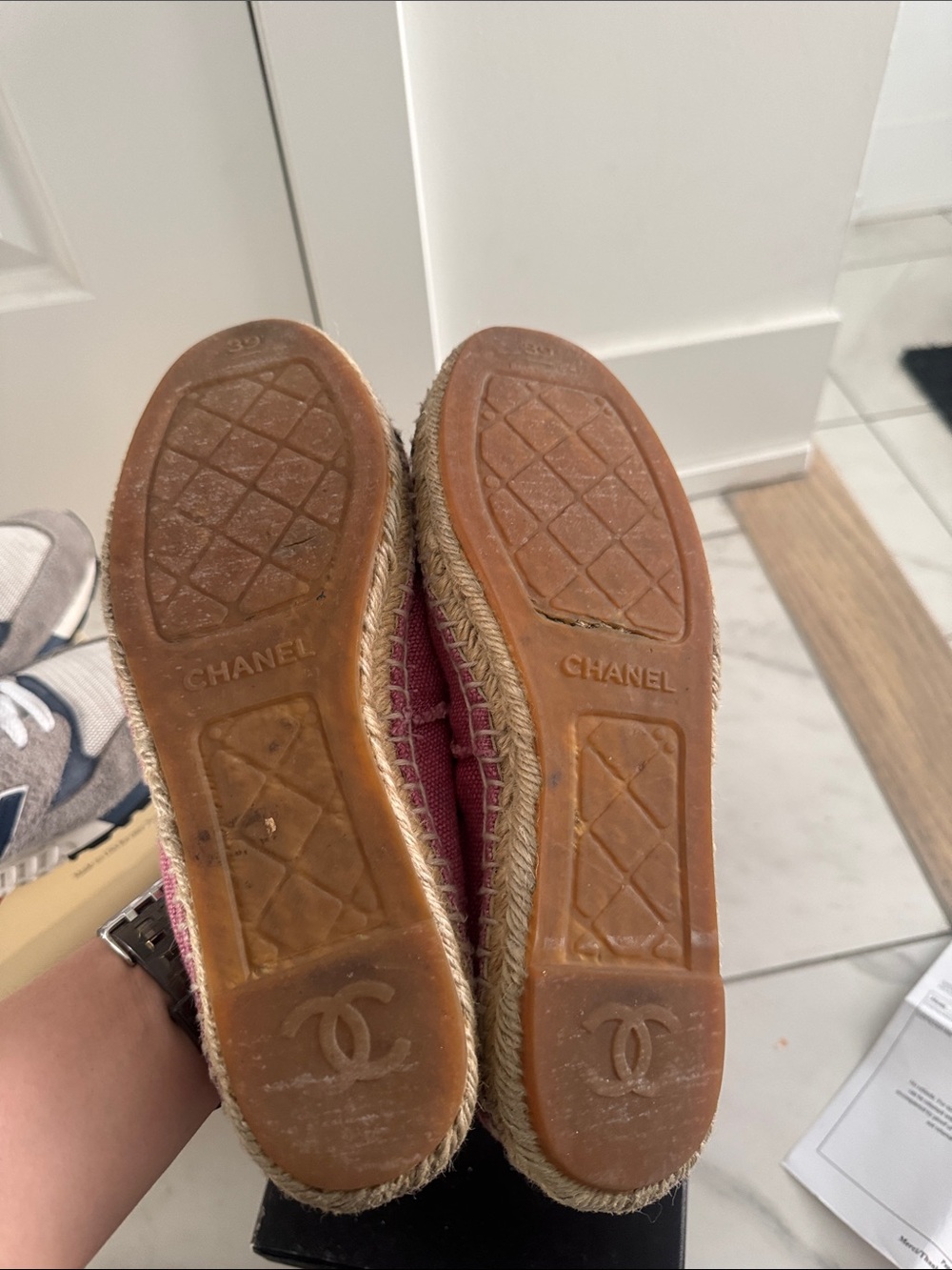 Authentic CHANEL Pink Espadrilles with Black Cap Toe and Embroidered CC - Picture 5 of 7